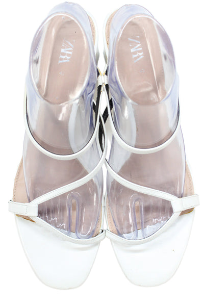 Zara Womens Leather Strappy Slip-On Heeled Sandals White Size 12