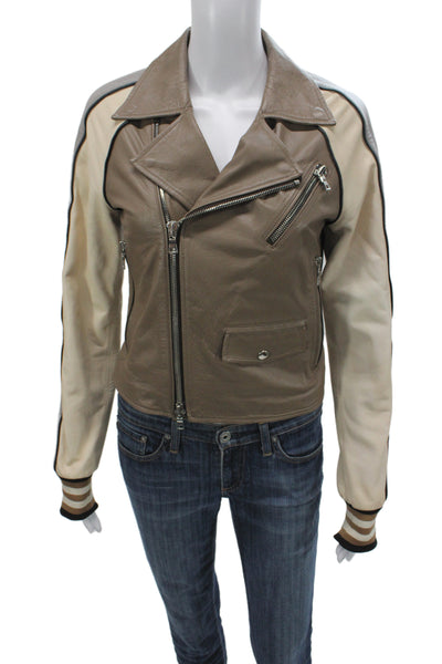 Sharis Place Womens Brown Leather Biker Jacket Zip Long Sleeve Size S