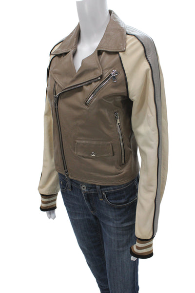 Sharis Place Womens Brown Leather Biker Jacket Zip Long Sleeve Size S