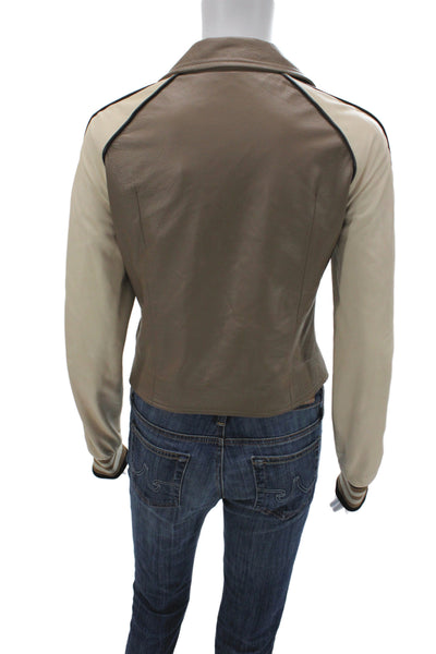 Sharis Place Womens Brown Leather Biker Jacket Zip Long Sleeve Size S