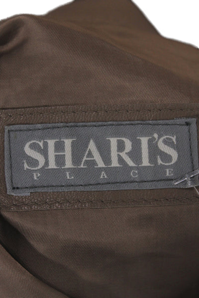 Sharis Place Womens Brown Leather Biker Jacket Zip Long Sleeve Size S