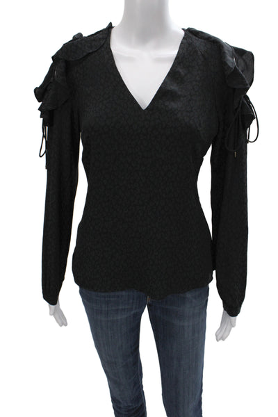 Karen Millen Women Black Animal Print V-Neck Long Sleeve Zip Blouse Size 6