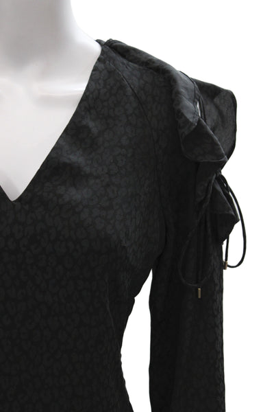 Karen Millen Women Black Animal Print V-Neck Long Sleeve Zip Blouse Size 6