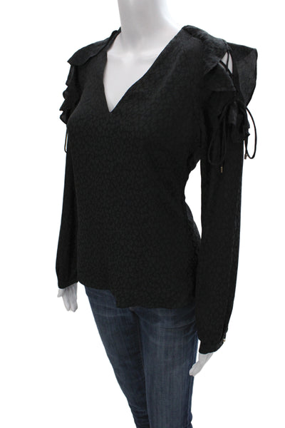Karen Millen Women Black Animal Print V-Neck Long Sleeve Zip Blouse Size 6