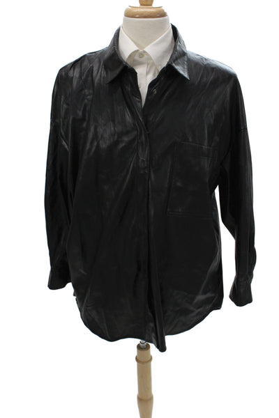 Zara Women Black Collared Long Sleeve Basic Button-Up 100% Polyurethane Size XL