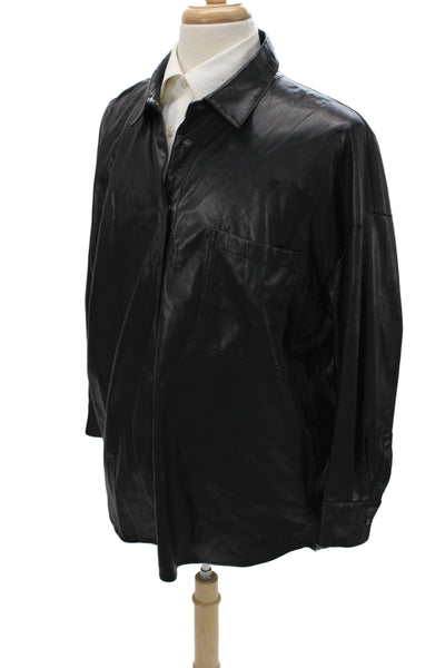 Zara Women Black Collared Long Sleeve Basic Button-Up 100% Polyurethane Size XL