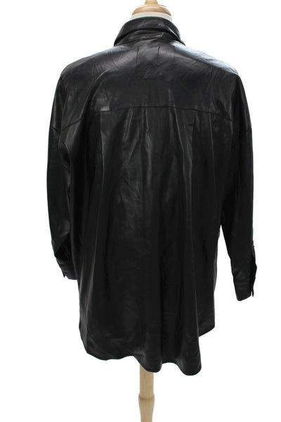 Zara Women Black Collared Long Sleeve Basic Button-Up 100% Polyurethane Size XL