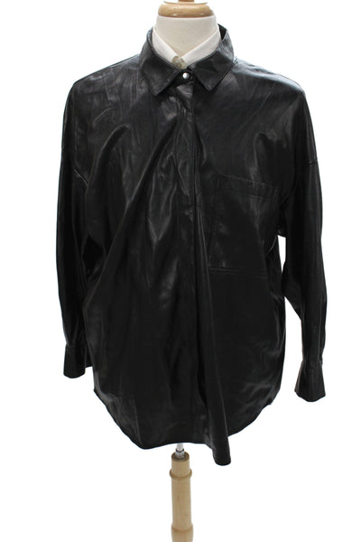Zara Women Black Collared Long Sleeve Basic Button-Up 100% Polyurethane Size XL