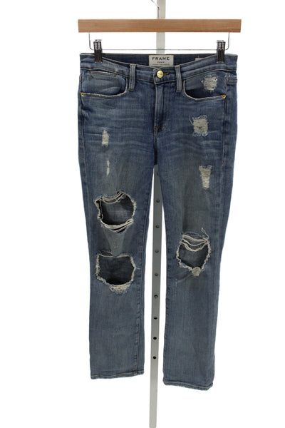 Frame Denim Womens Straight Jeans Distressed Blue Mid Rise Inseam 26 Size 24