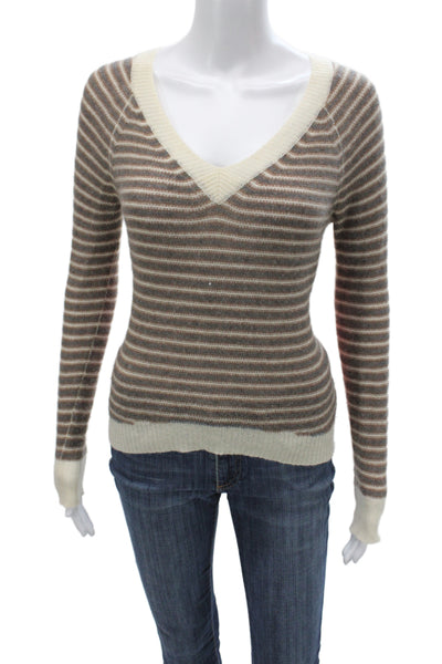 Enza Costa Women Cashmere Brown Striped V-Neck Long Sleeve Pullover Size XS