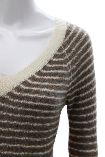 Enza Costa Women Cashmere Brown Striped V-Neck Long Sleeve Pullover Size XS