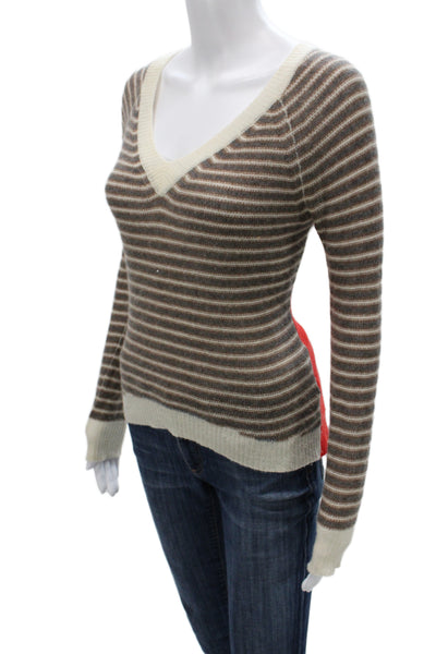 Enza Costa Women Cashmere Brown Striped V-Neck Long Sleeve Pullover Size XS