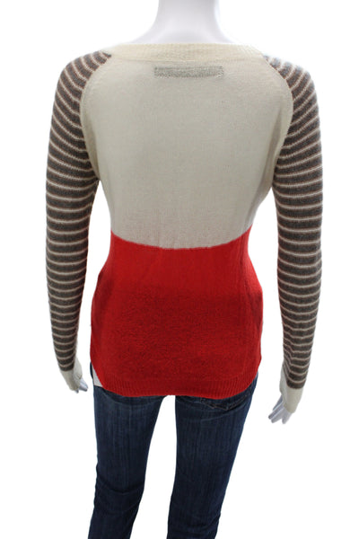 Enza Costa Women Cashmere Brown Striped V-Neck Long Sleeve Pullover Size XS