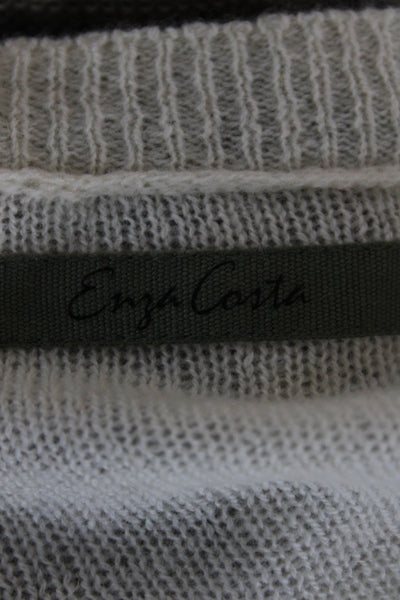 Enza Costa Women Cashmere Brown Striped V-Neck Long Sleeve Pullover Size XS
