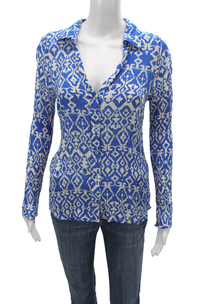 Zara Women Basic Geometric Collared Long Sleeve Blouse Blue Size XS