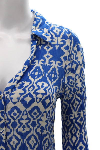 Zara Women Basic Geometric Collared Long Sleeve Blouse Blue Size XS