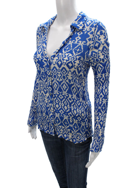 Zara Women Basic Geometric Collared Long Sleeve Blouse Blue Size XS