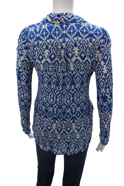Zara Women Basic Geometric Collared Long Sleeve Blouse Blue Size XS