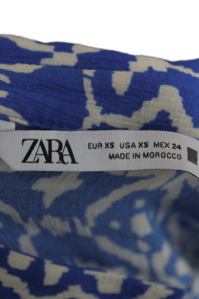 Zara Women Basic Geometric Collared Long Sleeve Blouse Blue Size XS