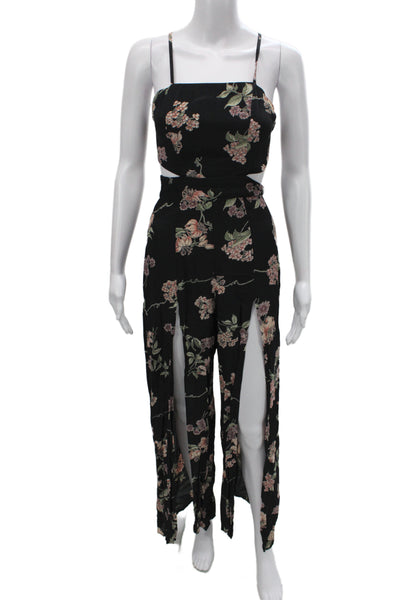 Flynn Skye Women Jumpsuit Black Floral Square Neck Tie Sleeveless Rayon Size XS