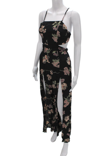 Flynn Skye Women Jumpsuit Black Floral Square Neck Tie Sleeveless Rayon Size XS
