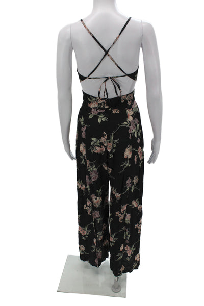 Flynn Skye Women Jumpsuit Black Floral Square Neck Tie Sleeveless Rayon Size XS