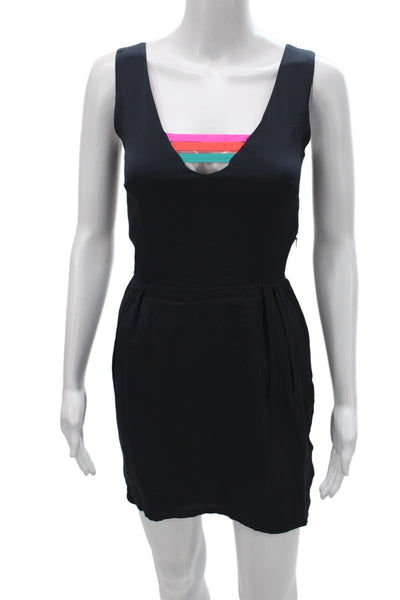 Mara Hoffman Women Black Striped Silk V-Neck Sleeveless Mini Dress Knee Size 0