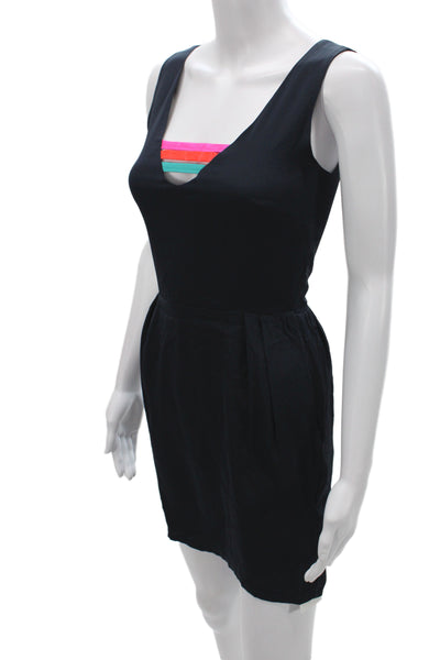 Mara Hoffman Women Black Striped Silk V-Neck Sleeveless Mini Dress Knee Size 0