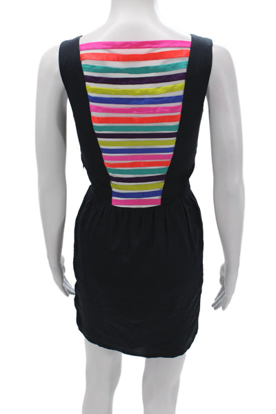 Mara Hoffman Women Black Striped Silk V-Neck Sleeveless Mini Dress Knee Size 0