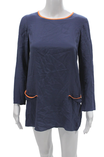 Shakuhachi Women Blue Silk Tunic Blouse Long Sleeve Round Neck Size XS