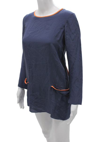 Shakuhachi Women Blue Silk Tunic Blouse Long Sleeve Round Neck Size XS