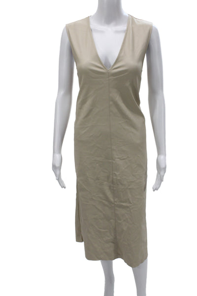 Zara Womens Sheath Dress Beige V Neck Sleeveless Mid Calf Polyester Size XS