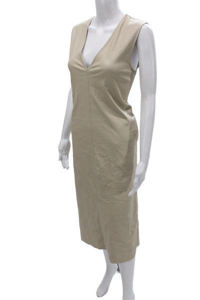 Zara Womens Sheath Dress Beige V Neck Sleeveless Mid Calf Polyester Size XS