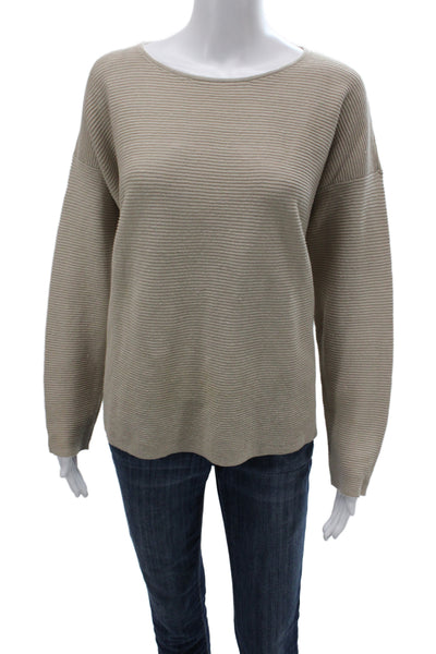 Eileen Fisher Women Pullover Striped Boat Neck Long Sleeve Beige Linen Size L