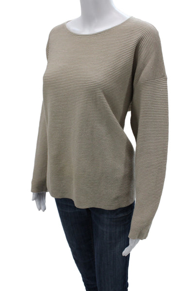 Eileen Fisher Women Pullover Striped Boat Neck Long Sleeve Beige Linen Size L