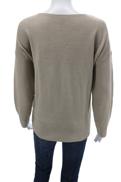 Eileen Fisher Women Pullover Striped Boat Neck Long Sleeve Beige Linen Size L