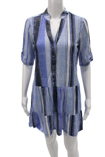 David Cline Women Shirt Dress Blue V Neck 3/4 Sleeve Button Size XS