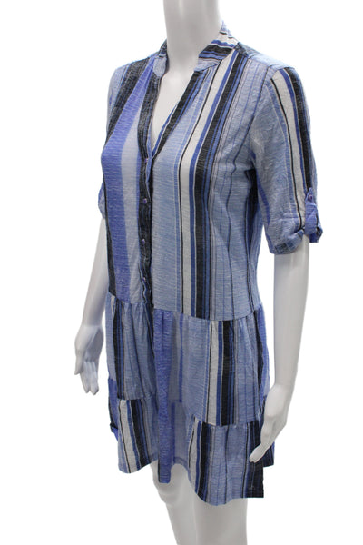 David Cline Women Shirt Dress Blue V Neck 3/4 Sleeve Button Size XS