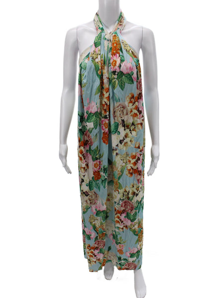 Cara Cara Women Halter Floral Maxi Dress Blue Sleeveless Viscose Size XS