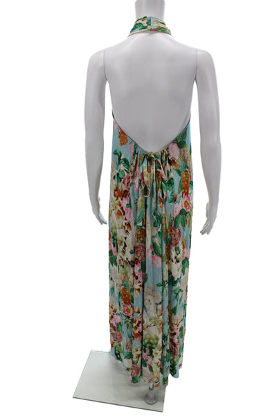 Cara Cara Women Halter Floral Maxi Dress Blue Sleeveless Viscose Size XS