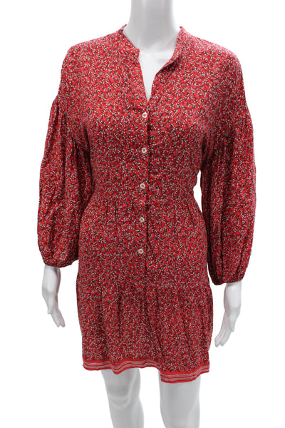 Max Studio Womens Red Floral V-Neck Long Sleeve Mini Dress Button Size M