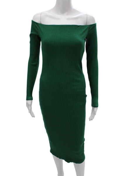 Enza Costa Women Bodycon Dress Green Off Shoulder Long Sleeve Size S