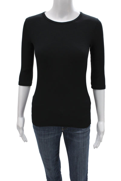 Vince Women Basic Black T-Shirt 3/4 Sleeve Crew Neck Modal Size XS