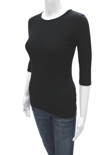 Vince Women Basic Black T-Shirt 3/4 Sleeve Crew Neck Modal Size XS