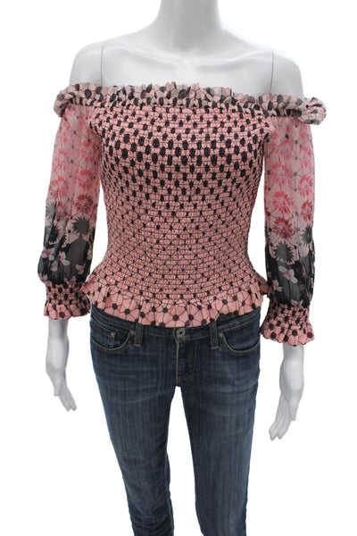 Temperley London Womens Pink Silk Off Shoulder Cropped Blouse 3/4 Sleeve Size 2