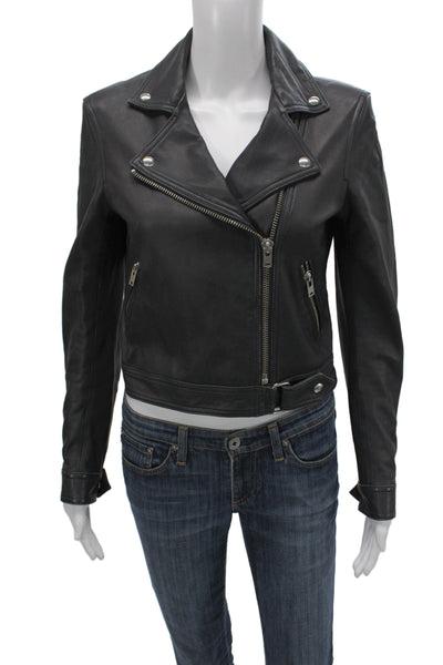 IRO Womens Black Lamb Leather Biker Jacket Zip Long Sleeve Size 38