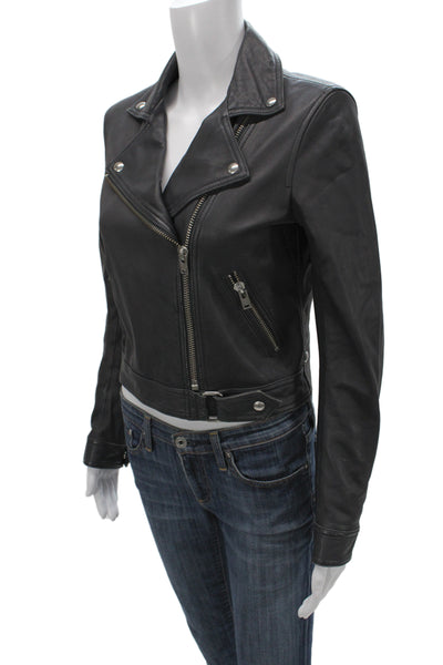 IRO Womens Black Lamb Leather Biker Jacket Zip Long Sleeve Size 38