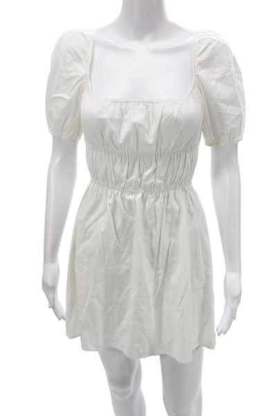 Reformation Women Mini Dress White Square Neck Short Sleeve Cotton Boho Size XS