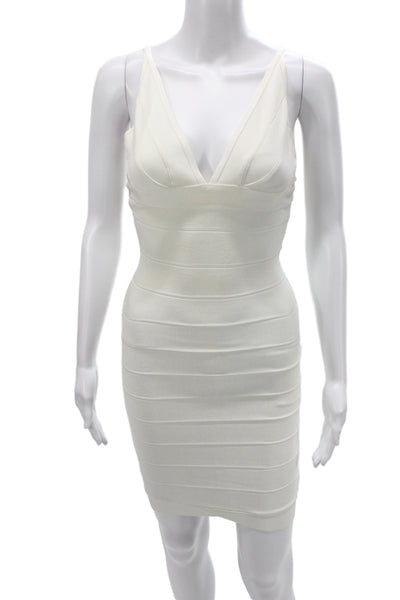 Herve Leger Women Bodycon Ivory V-Neck Sleeveless Zip Short Dress Size S
