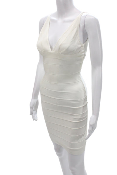 Herve Leger Women Bodycon Ivory V-Neck Sleeveless Zip Short Dress Size S